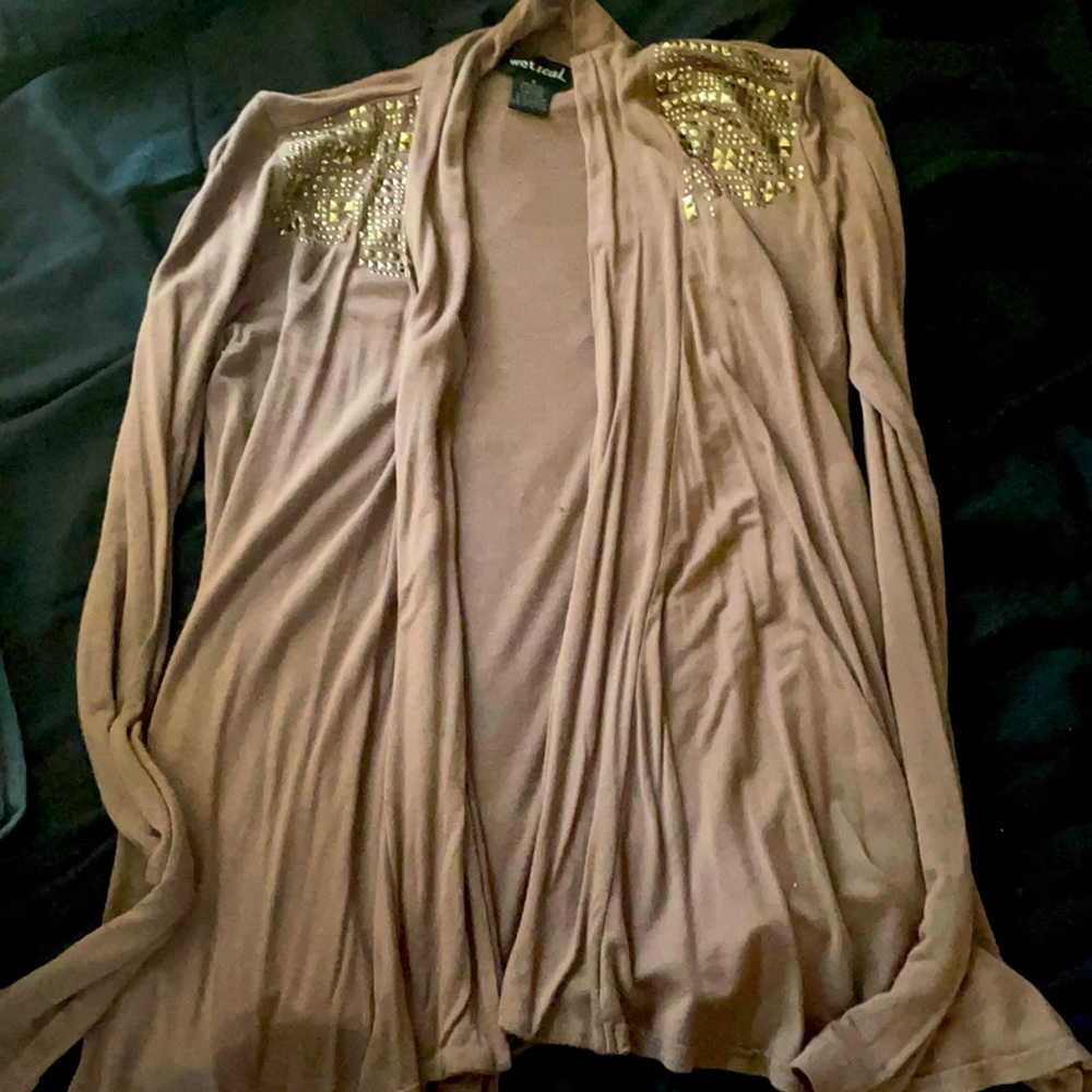 Brown open front cardigan with studded hardware size small